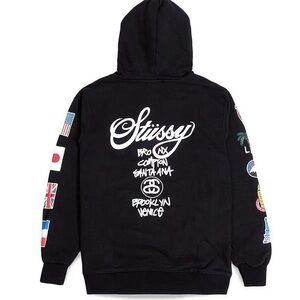 Stussy Black Graphic Hoodie with Multicolor Patches